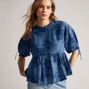 Ted Baker Kaarin feminine floral tie back peplum top with puff sleeves